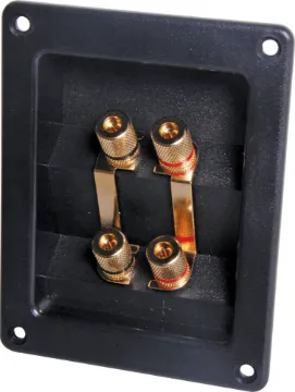 4 Way Speaker Terminal Binding Post Gold Rect. Bi-Wire type 
terminal with removable bridging bars. Recessed Terminals.  Gold plated screw cap posts will accept banana plugs or stripped wire.