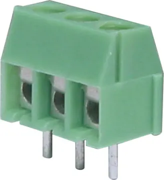 3 Way 3.5mm PCB Mount Terminal Block 3.5mm Pitch. Dove-tail grooves enable these terminal blocks to be ganged together in any combination. With spring steel screw down wire protect terminals. All 300V AC rated.