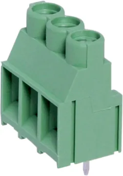 3 Way 6.35mm PCB Mount Terminal Block 6.35mm Pitch 
Dove-tail grooves enable these terminal blocks to be ganged together in any combination. With wire protect terminals. Rated at 30A at 300V AC.
Cable size: 0.5-3.6mm2
