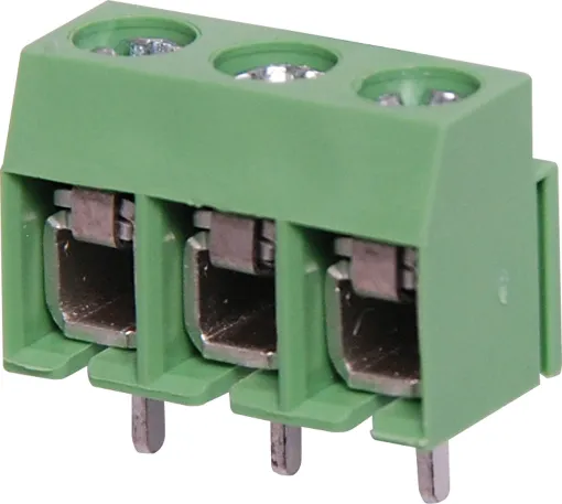 5mm Pitch. Dove-tail grooves enable these terminal blocks to be ganged together in any combination. With spring steel screw down wire protect terminals. All 300V AC rated.