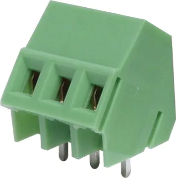 3 Way 5mm 45 Deg. PCB Mount Terminal Block 5mm Pitch. Dove-tail grooves enable these terminal blocks to be ganged together in any combination. With rising clamp type wire protect terminals. Rated at 20A at 300V AC.