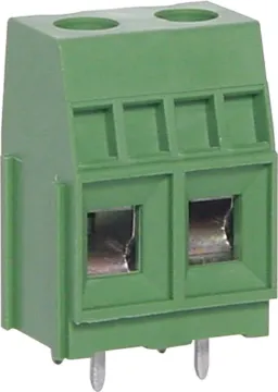 2 Way 10.16mm Heavy Duty PCB Mount Terminal Block Super heavy duty PCB terminals for high power industrial applications.
Dove-tail grooves enable these 2 and 3 way terminal blocks to be ganged together. 
With moving cage wire protect terminals. Rated at 40A at 600V AC.
10.16mm pitch. 
Cable size: 1
