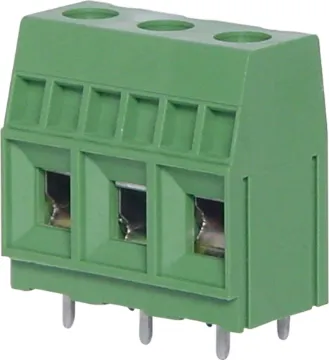 3 Way 10.16mm Heavy Duty PCB Mount Terminal Block Super heavy duty PCB terminals for high power industrial applications.
Dove-tail grooves enable these 2 and 3 way terminal blocks to be ganged together. 
With moving cage wire protect terminals. Rated at 40A at 600V AC.
10.16mm pitch. 
Cable size: 1
