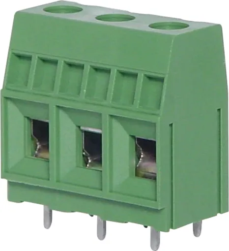 Super heavy duty PCB terminals for high power industrial applications.
Dove-tail grooves enable these 2 and 3 way terminal blocks to be ganged together. 
With moving cage wire protect terminals. Rated at 40A at 600V AC.

10.16mm pitch. 
Cable size: 1