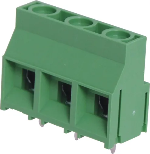 Super heavy duty PCB terminals for high power industrial applications.
Dove-tail grooves enable these 2 and 3 way terminal blocks to be ganged together. With moving cage wire protect terminals. Rated at 40A at 600V AC.
9.52mm pitch. 