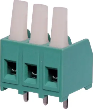 3 Way 5mm PCB Mount Terminal Block with Cam Lever 5mm Pitch. With wire protect terminals.  Rated at 10A at 300V AC.  Cable hole entry size is 0.5 to 1.0mm2 or 22 to 18AWG.
Can be mounted side-by-side to give many combinations.  Unique new cam-lever design eliminates the need for screwdrivers.  Cable conn