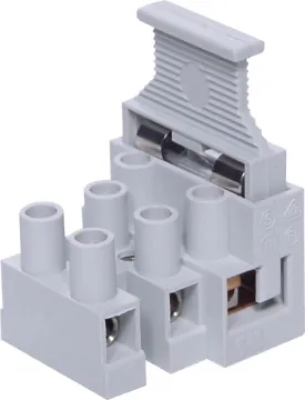 3 Way Fused 13A 450V Terminal Block Current Rating (Fuse Holder): 6.3A 250V
Current Rating (Terminal Block): 10A 250V
Dissipated Power: 3W
Fuse Size: 5x20mm
Material: UL 94-V0