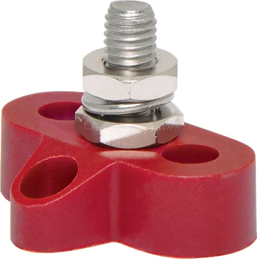 This Single Red M8 Power Distribution Post is a heavy duty stainless steel post that is mounted on a moulded plastic base. 48V DC max.