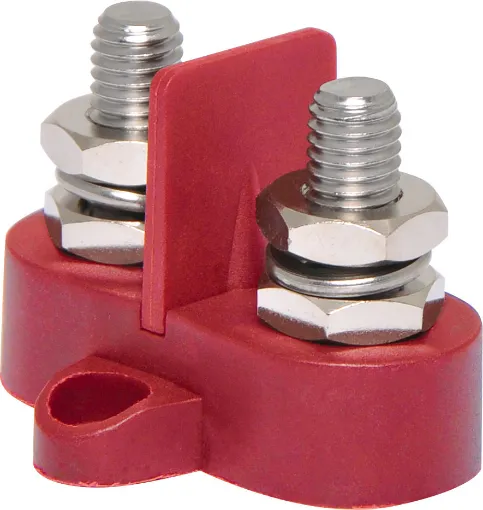 This Dual Red M8 Power Distribution Post is a heavy duty stainless steel post that is mounted on a moulded plastic base. 48V DC max.