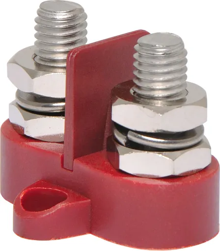This Dual Red M10 Power Distribution Post is a heavy duty stainless steel post that is mounted on a moulded plastic base. 48V DC max.