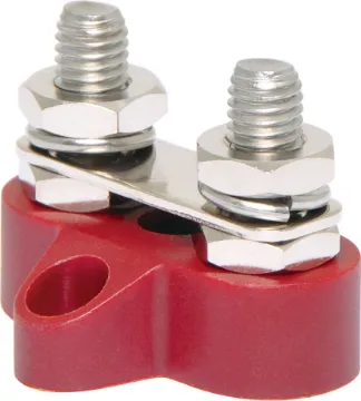 Dual Red M8 Power Distribution Post with Bridge Plate This Dual Red M8 Power Distribution Post with Bridge Plate is a heavy duty stainless steel post that is mounted on a moulded plastic base. 48V DC max.