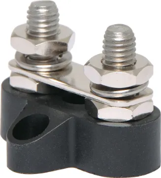 Dual Black M8 Power Distribution Post with Bridge Plate This Dual Black M8 Power Distribution Post with Bridge Plate is a heavy duty stainless steel post that is mounted on a moulded plastic base. 48V DC max.