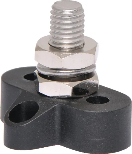 This Single Black M10 Power Distribution Post is a heavy duty stainless steel post that is mounted on a moulded plastic base. 48V DC max.