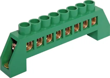 8 Way 450V Busbar Terminal Block With Earth Standard 8 way 250-450V brass busbar with M5 nickel plated iron screws, polyamide housing and an earting terminal.