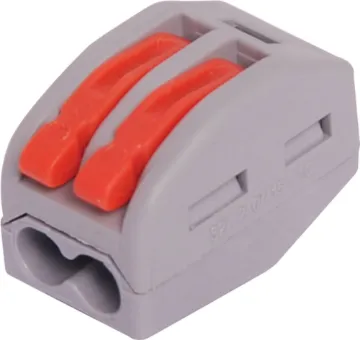2 Way Splicing Terminal Block Splice joiners as used in lighting circuitry. Secure cage clamp connection. Suit 0.08-4mm2. Max ferruled conductor 2.5mm2.