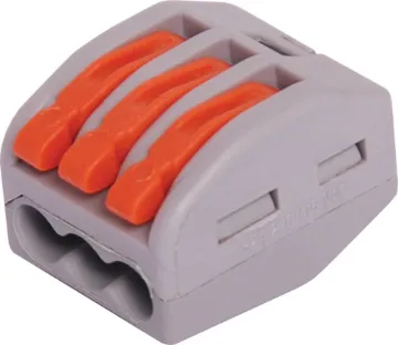3 Way Splicing Terminal Block Splice joiners as used in lighting circuitry. Secure cage clamp connection. Suit 0.08-4mm2. Max ferruled conductor 2.5mm2.