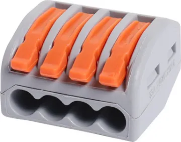 4 Way Splicing Terminal Block Splice joiners as used in lighting circuitry. Secure cage clamp connection. Suit 0.08-4mm2. Max ferruled conductor 2.5mm2.