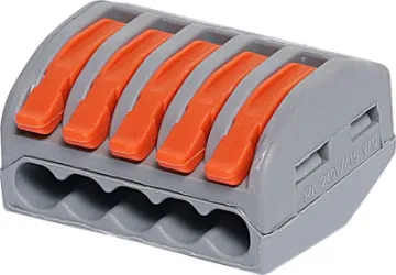 5 Way Splicing Terminal Block Splice joiners as used in lighting circuitry. Secure cage clamp connection. Suit 0.08-4mm2. Max ferruled conductor 2.5mm2.