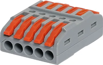 5 x 5 Way Joiner Splicing Terminal Block A four wire splice joiner commonly used in lighting circuitry. Secure cage clamp connection with press down levers. Suit 0.08-4mm2 cable. Max ferruled conductor 2.5mm2. 32A 400V AC