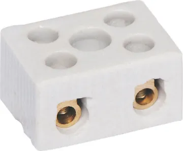 2 Way Ceramic Terminal Block Glazed ceramic terminals commonly used in lighting and mains installations where high temperature is present. 2 Way 10A 250VAC rated.