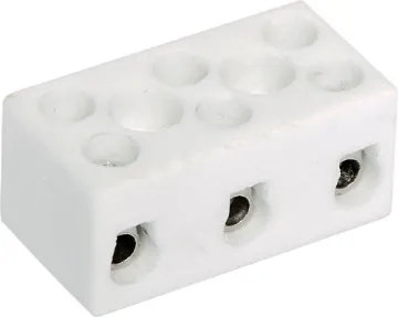 3 Way Ceramic Terminal Block Glazed ceramic terminals commonly used in lighting and mains installations where high temperature is present. 3 Way 10A 250VAC rated.