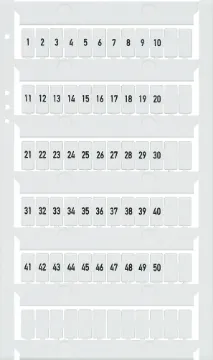 DIN Rail Labels 1-50 Suit 25A Terminals Terminal labels numbered 1 to 50. Suit the following 25A DIN Rail terminals: P 2400, P 2407, P 2410, P 2413.