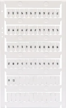 DIN Rail Labels 51-100 Suit 25A Terminals Terminal labels numbered 51 to 100. Suit the following 25A DIN Rail terminals: P 2400, P 2407, P 2410, P 2413.