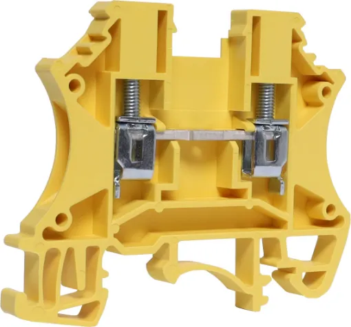 Designed to be ganged together to form as many poles as required to suit your application. Suitable for 2.5mm top hat and asymmetrical “G” Type DIN rail mounts. 
600V rated. Yellow.
