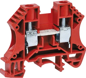 45A 6mm Red DIN Rail Terminal Designed to be ganged together to form as many poles as required to suit your application. Suitable for 35mm top hat and asymmetrical “G” Type DIN rail mounts. 600V rated.