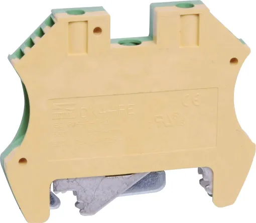 Coloured green and yellow. Designed to be ganged together to form as many poles as required to suit your application. Suitable for 35mm top hat and asymmetrical &quotG&quot Type DIN rail mounts. 600V rated.