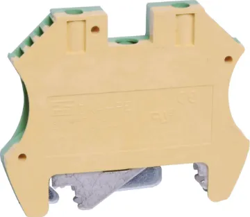35A 4mm Green/Yellow DIN Rail Terminal  Designed to be ganged together to form as many poles as required to suit your application. Suitable for 35mm top hat and asymmetrical "G" Type DIN rail mounts. 600V rated.