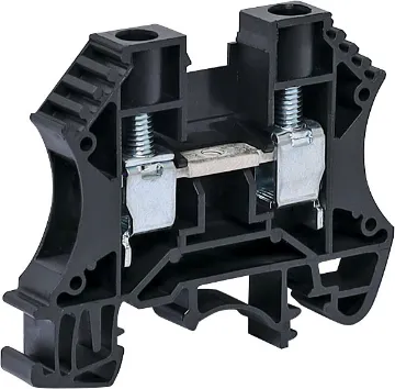 45A 6mm Black DIN Rail Terminal Designed to be ganged together to form as many poles as required to suit your application. Suitable for 35mm top hat and asymmetrical “G” Type DIN rail mounts. 600V rated.