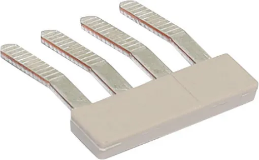 This 4 way insertion bridge allows for the joining of two ganged DIN rail terminals. It inserts below the DIN rail terminal screw cage and distributes the connection to the 3 terminals adjacent. Prongs are scored to prevent dislodgement from the terminal.