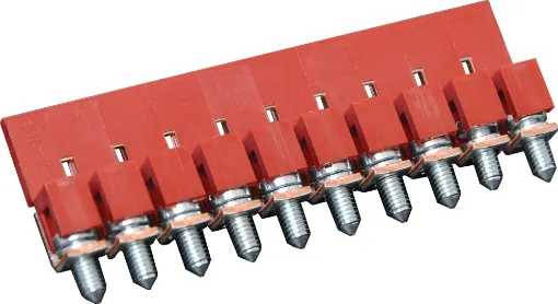 Designed to be ganged together to form as many poles as required to suit your application. Suitable for 35mm top hat and asymmetrical “G” Type DIN rail mounts.
600V rated. 25A. Red.