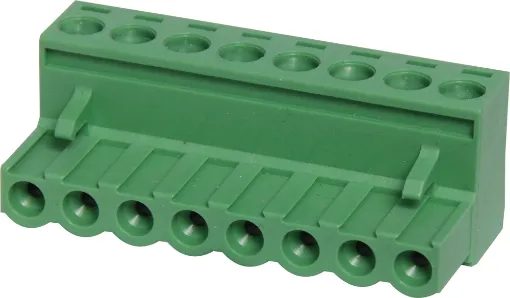 Screw terminal plugs with rising clamp type terminals. Rated 10A at 300V. Cable hole entry size up to 4mm2 or 12AWG. 8 Way.