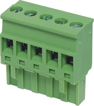 5 Way 5.08mm Vert. Top Entry Pluggable Terminal Plug Rising clamp type terminals. Rated 15A at 300V.