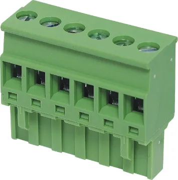 6 Way 5.08mm Vert. Top Entry Pluggable Terminal Plug Rising clamp type terminals. Rated 15A at 300V.