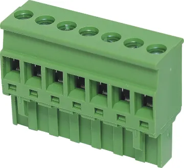 7 Way 5.08mm Vert. Top Entry Pluggable Terminal Plug Rising clamp type terminals. Rated 15A at 300V.