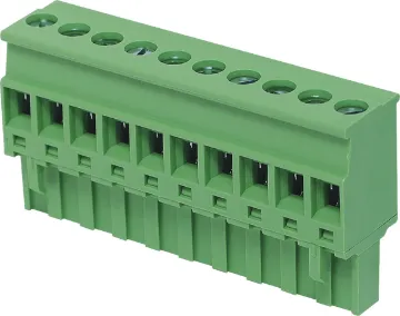 10 Way 5.08mm Vert. Top Entry Pluggable Terminal Plug Rising clamp type terminals. Rated 15A at 300V.