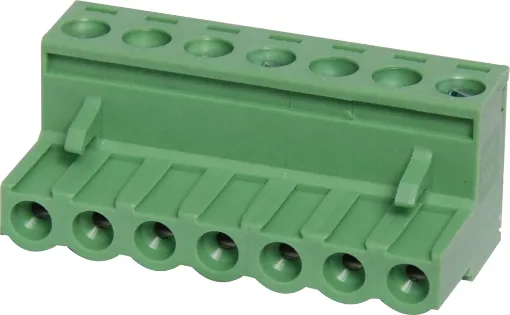 Screw terminal plugs with rising clamp type terminals.
7 Way.
Rated 10A at 300V.
Cable hole entry size up to 4mm2 or 12AWG.