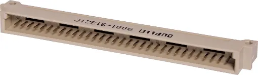 Moulded glass-filled polyester connectors to DIN 41612 with gold contacts. The plug moulding houses single piece 90 deg. Angled pins on a 0.1 inch pitch between rows, allowing horizontal mounting on Eurocards whilst the mating sockets have flow solde