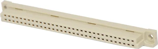 Moulded glass-filled polyester connectors to DIN 41612 with gold contacts. The plug moulding houses single piece 90 deg. Angled pins on a 0.1 inch pitch between rows, allowing horizontal mounting on Eurocards whilst the mating sockets have flow solde