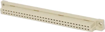 64 Pin Female Row A&B PCB Mount DIN 41612 Moulded glass-filled polyester connectors to DIN 41612 with gold-finished contacts. The sockets have flow solder (4mm) spills. "B" (two row) and "C" (three row) types are available. They also feature integral moulded polarising tabs.