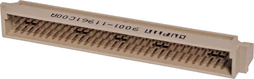 Moulded glass-filled polyester connectors to DIN 41612 with gold contacts. The plug moulding houses single piece 90 deg. Angled pins on a 0.1 inch pitch between rows, allowing horizontal mounting on Eurocards whilst the mating sockets have flow solde