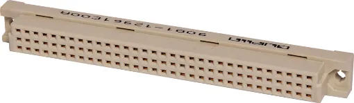 Moulded glass-filled polyester connectors to DIN 41612 with gold contacts. The plug moulding houses single piece 90 deg. Angled pins on a 0.1 inch pitch between rows, allowing horizontal mounting on Eurocards whilst the mating sockets have flow solde
