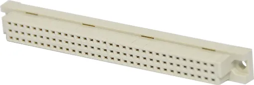 Moulded glass-filled polyester connectors to DIN 41612 with gold contacts. The plug moulding houses single piece 90 deg. Angled pins on a 0.1 inch pitch between rows, allowing horizontal mounting on Eurocards whilst the mating sockets have flow solde
