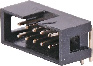 10 Pin Right Angle PCB Mount Boxed Header Contact Resistance: 30M Ohm max @ 100mA DC
Insulator Resistance: 1000M Ohm @ 500V DC
Current Rating: 1 A
Contact Material: Gold plated brass
Housing: PBT & 30% Glass Fibre