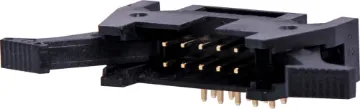 10 Pin Right Angle PCB Mount Locking Header Contact Resistance: 30M Ohm max @ 100mA DC
Insulator Resistance: 1000M Ohm @ 500V DC
Current Rating: 1 A
Contact Material: Gold plated brass
Housing: PBT & 30% Glass Fibre