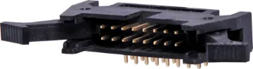 16 Pin Right Angle PCB Mount Locking Header Contact Resistance: 30M Ohm max @ 100mA DC
Insulator Resistance: 1000M Ohm @ 500V DC
Current Rating: 1 A
Contact Material: Gold plated brass
Housing: PBT & 30% Glass Fibre
