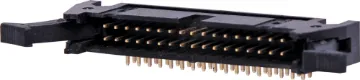 34 Pin Right Angle PCB Mount Locking Header Contact Resistance: 30M Ohm max @ 100mA DC
Insulator Resistance: 1000M Ohm @ 500V DC
Current Rating: 1 A
Contact Material: Gold plated brass
Housing: PBT & 30% Glass Fibre